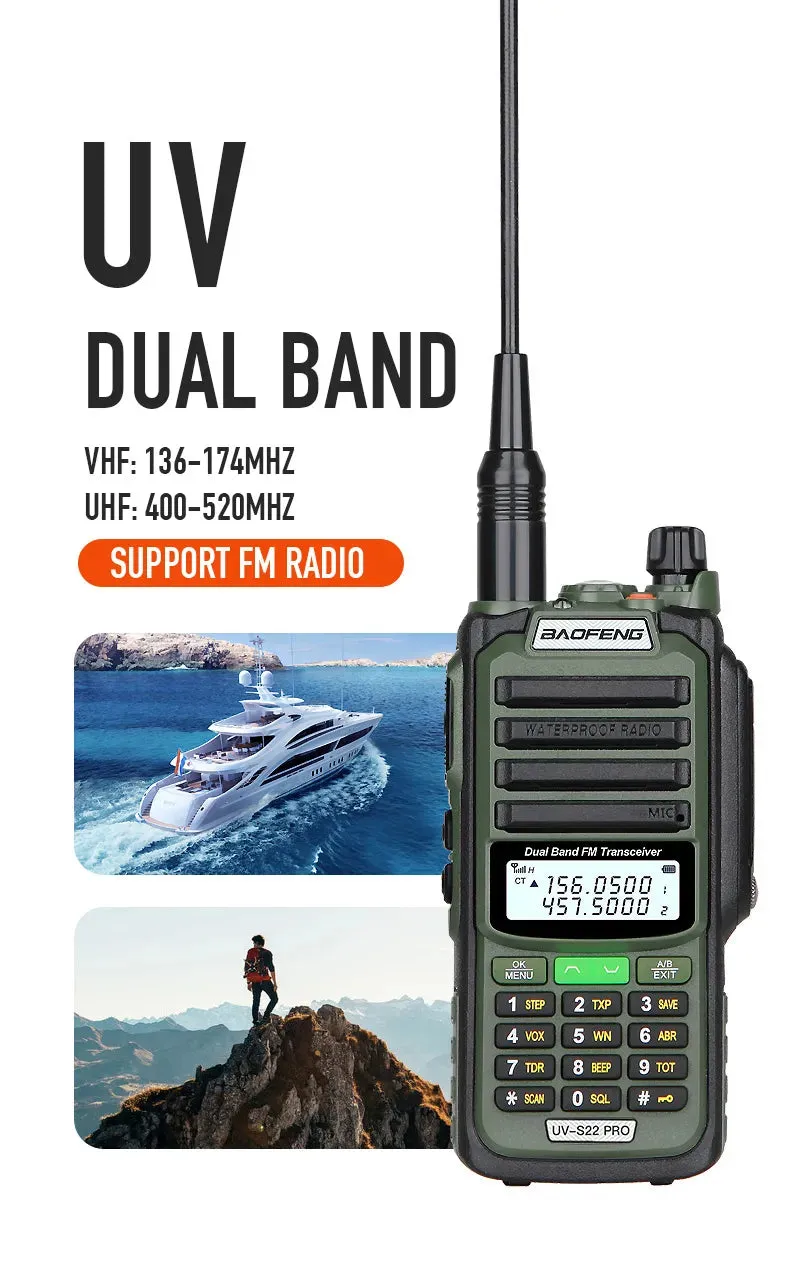 2023 Baofeng UV S22 PRO V2 IP68 Waterproof 10W Power Walkie Talkie Type-C Charger FM Radio UHF VHF Long Range Upgrade UV-9R Plus