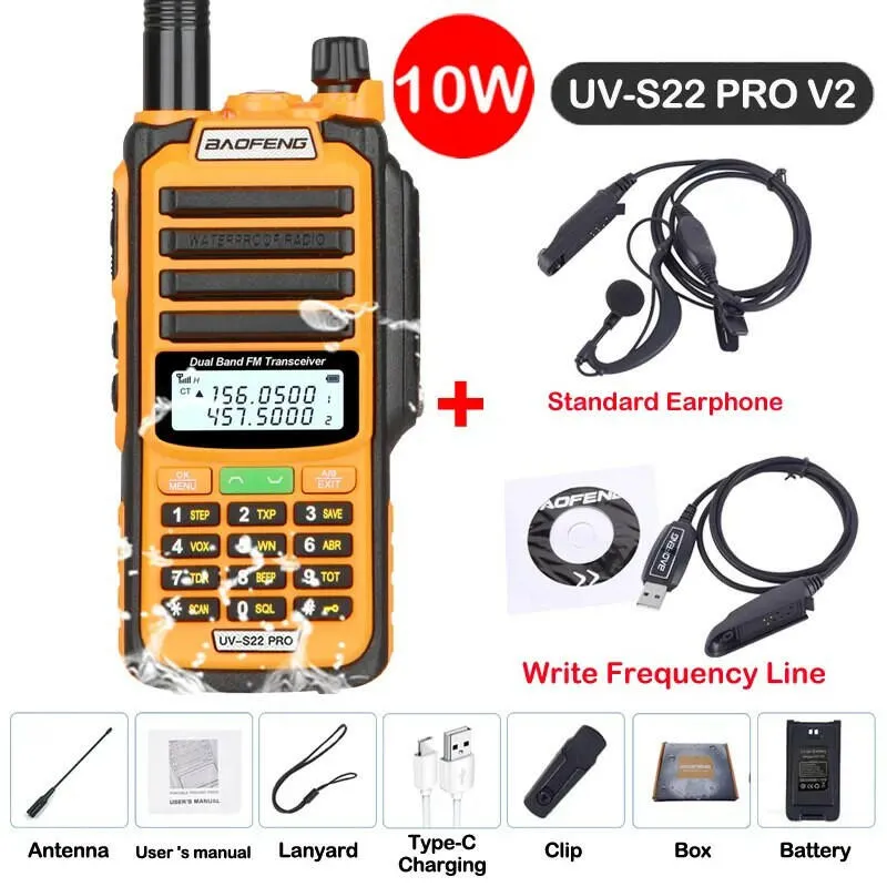 2023 Baofeng UV S22 PRO V2 IP68 Waterproof 10W Power Walkie Talkie Type-C Charger FM Radio UHF VHF Long Range Upgrade UV-9R Plus