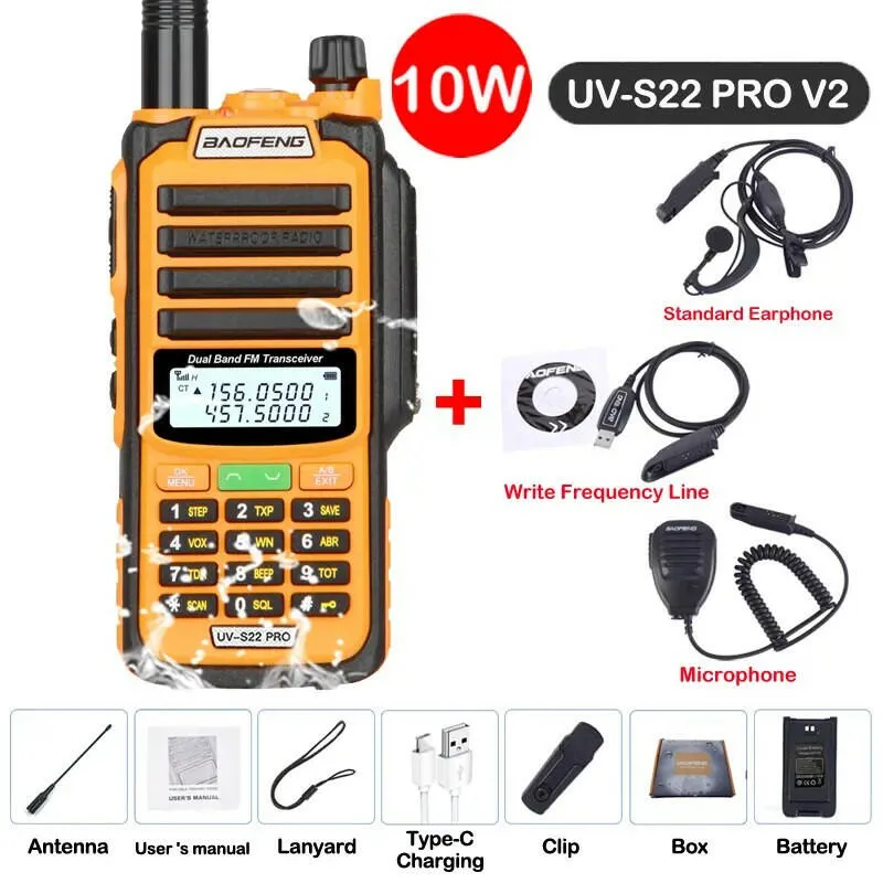 2023 Baofeng UV S22 PRO V2 IP68 Waterproof 10W Power Walkie Talkie Type-C Charger FM Radio UHF VHF Long Range Upgrade UV-9R Plus