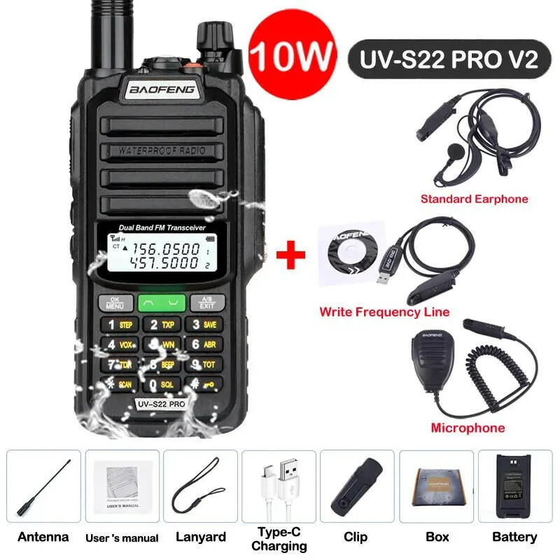 2023 Baofeng UV S22 PRO V2 IP68 Waterproof 10W Power Walkie Talkie Type-C Charger FM Radio UHF VHF Long Range Upgrade UV-9R Plus