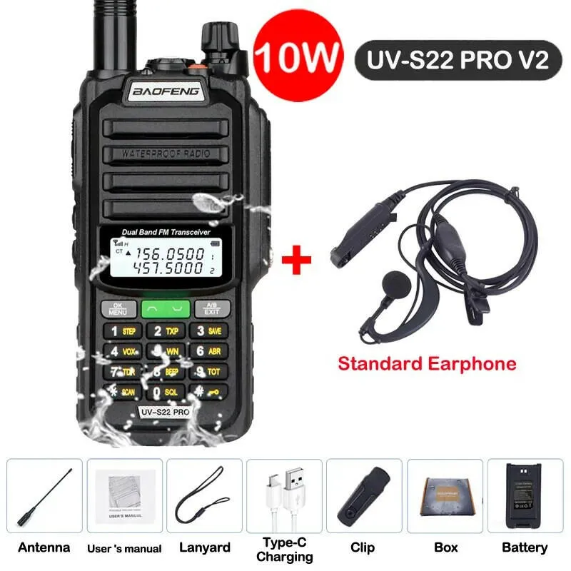 2023 Baofeng UV S22 PRO V2 IP68 Waterproof 10W Power Walkie Talkie Type-C Charger FM Radio UHF VHF Long Range Upgrade UV-9R Plus