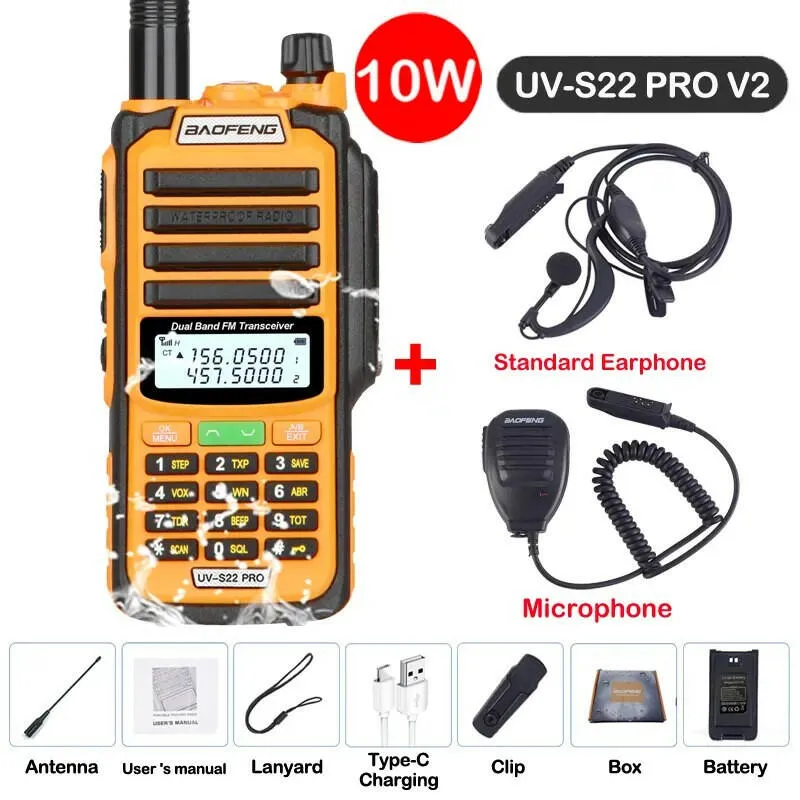 2023 Baofeng UV S22 PRO V2 IP68 Waterproof 10W Power Walkie Talkie Type-C Charger FM Radio UHF VHF Long Range Upgrade UV-9R Plus