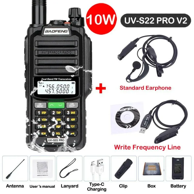 2023 Baofeng UV S22 PRO V2 IP68 Waterproof 10W Power Walkie Talkie Type-C Charger FM Radio UHF VHF Long Range Upgrade UV-9R Plus