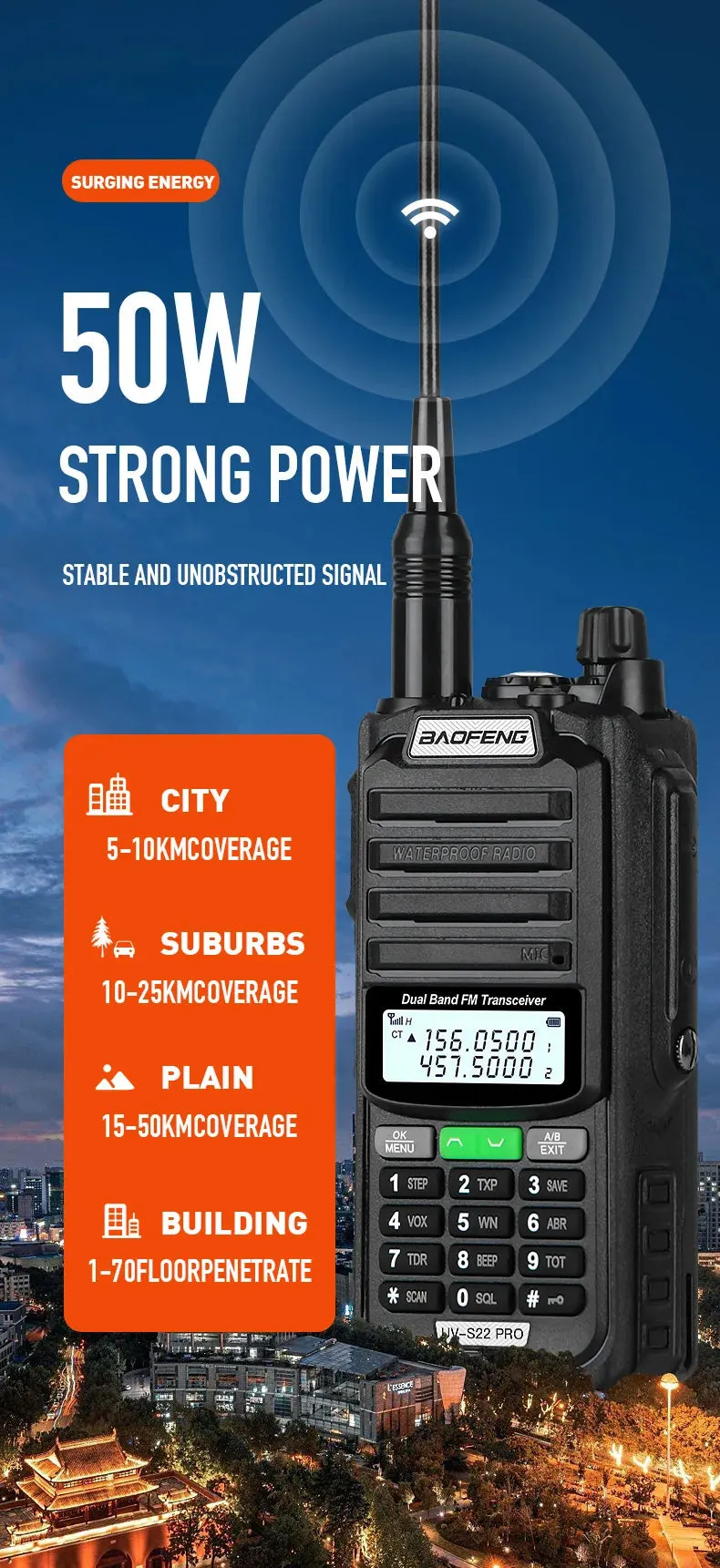 2023 Baofeng UV S22 PRO V2 IP68 Waterproof 10W Power Walkie Talkie Type-C Charger FM Radio UHF VHF Long Range Upgrade UV-9R Plus