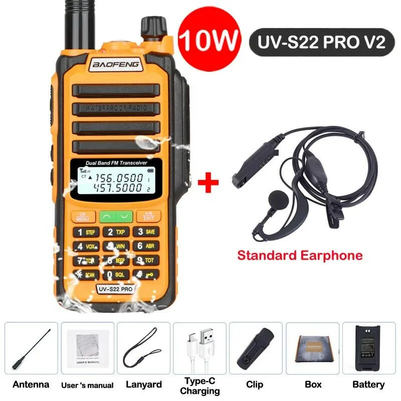 2023 Baofeng UV S22 PRO V2 IP68 Waterproof 10W Power Walkie Talkie Type-C Charger FM Radio UHF VHF Long Range Upgrade UV-9R Plus