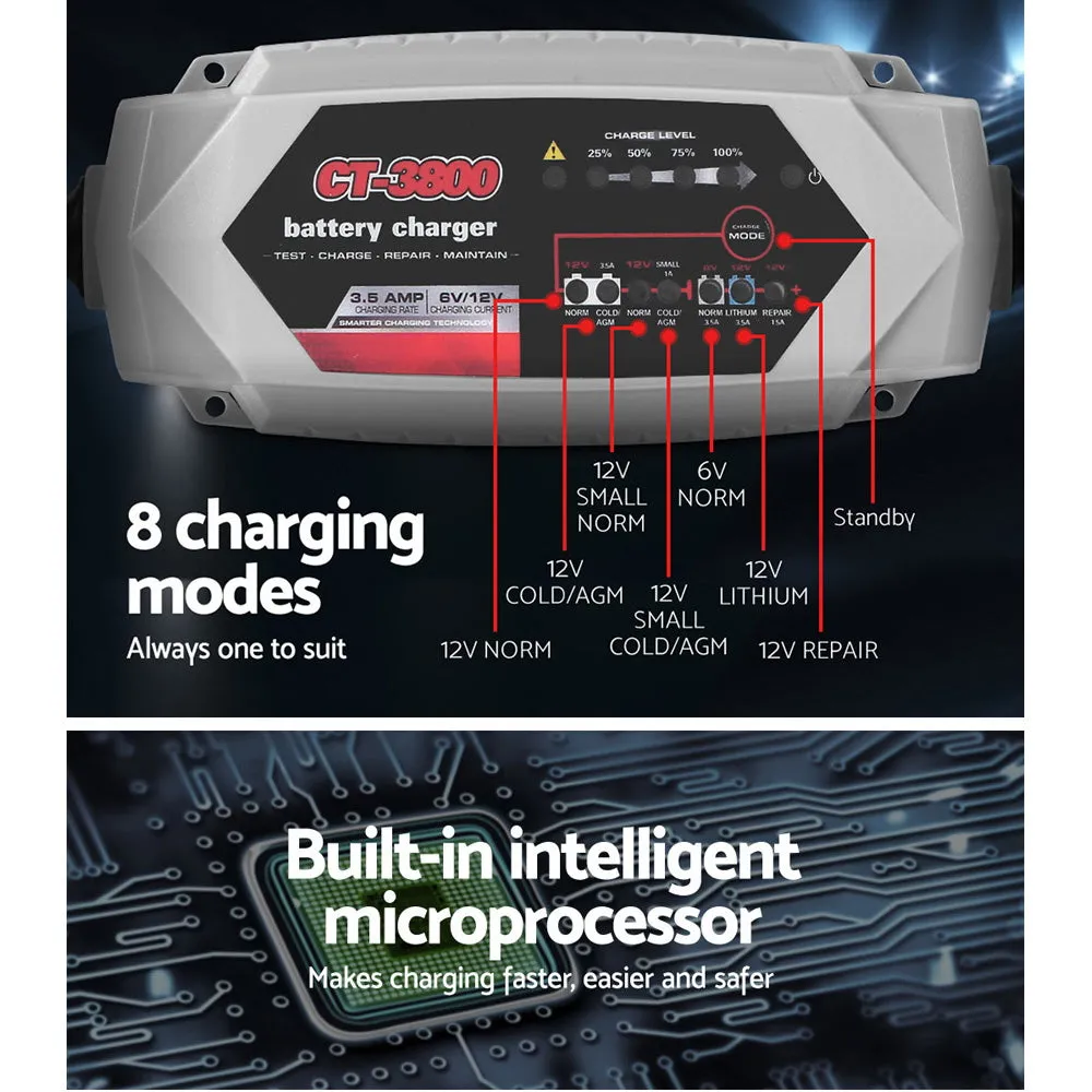 3.5A 8-Mode Car Battery Charger, 6V/12V, Automatic, AGM, CT-3800