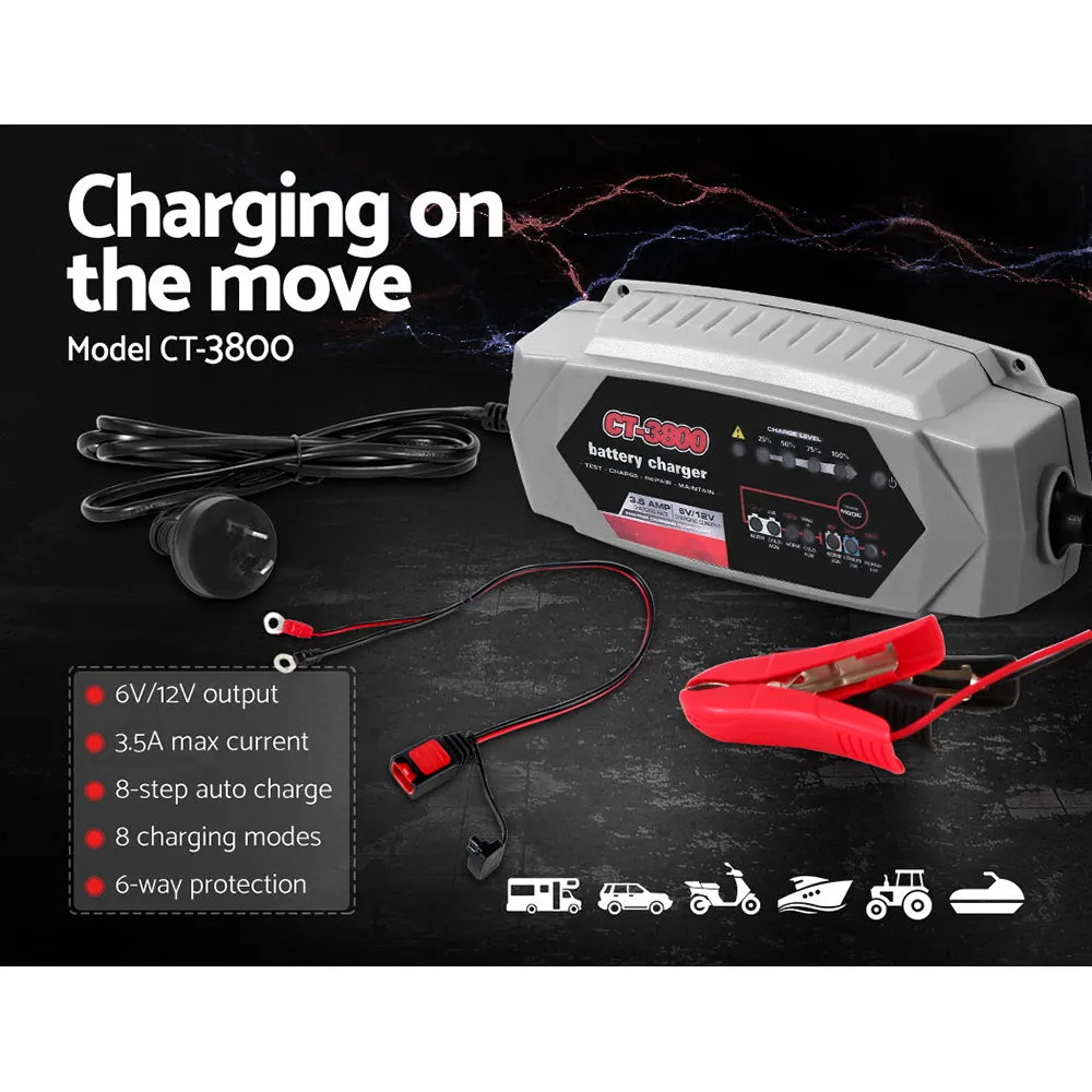 3.5A 8-Mode Car Battery Charger, 6V/12V, Automatic, AGM, CT-3800