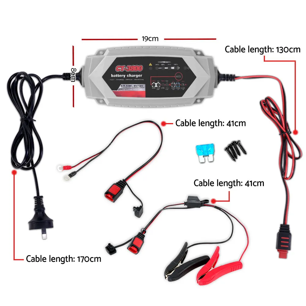 3.5A 8-Mode Car Battery Charger, 6V/12V, Automatic, AGM, CT-3800