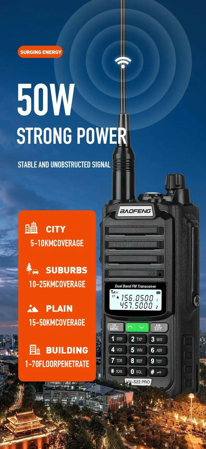 Baofeng UV S22 Pro V2 10W IP68 Walkie Talkie Waterproof High Power CB Ham Long Range UV68 Portable Two Way Radio UV-S22 Hunting