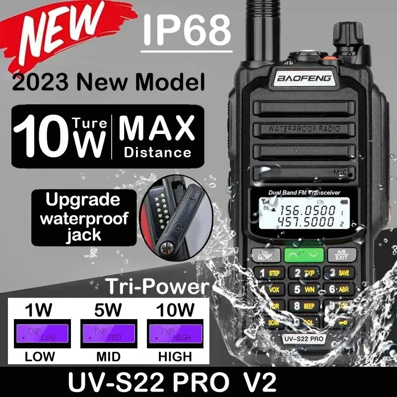 Baofeng UV S22 Pro V2 10W IP68 Walkie Talkie Waterproof High Power CB Ham Long Range UV68 Portable Two Way Radio UV-S22 Hunting