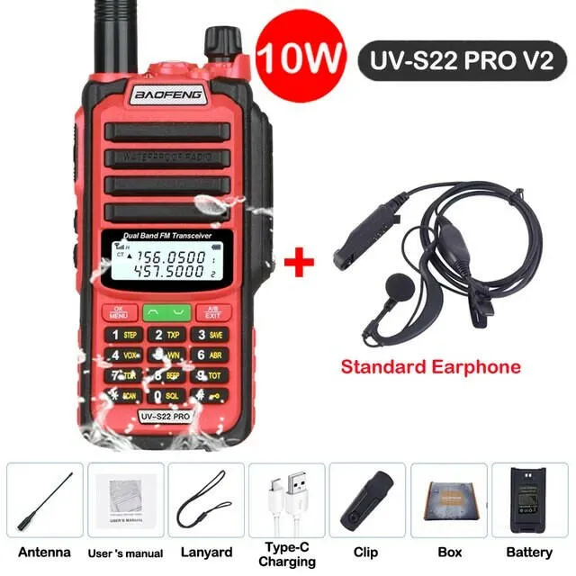 Baofeng UV-S22 Pro V2 10W IP68 Waterproof Walkie Talkie Dual Band Radio VHF UHF CB Ham Radio UV-9R Plus Portable Two Way Radio