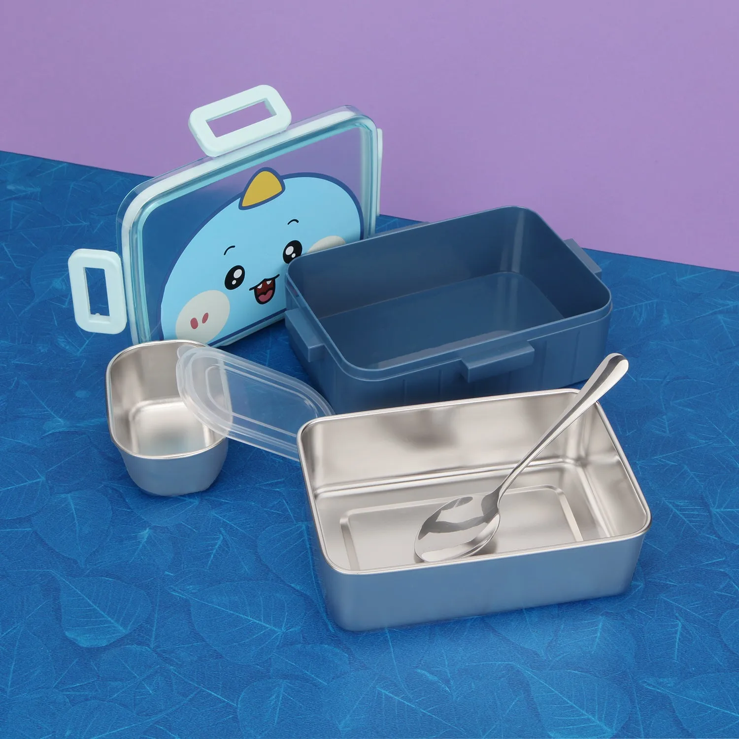 DUCK PRINT LUNCH BOX WITH SEPARATE COMPARTMENT & SPOON - BLUE