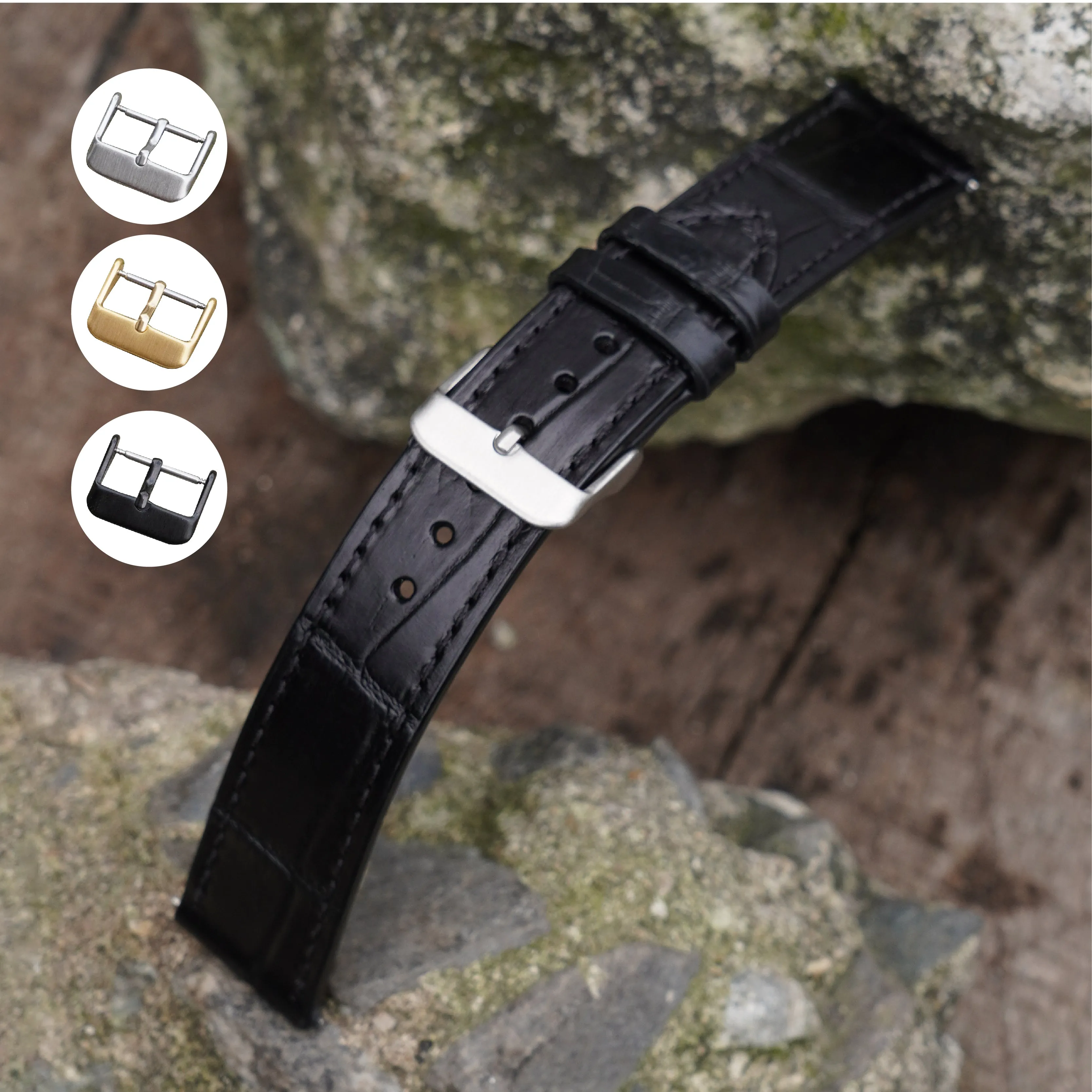 Flat Black Alligator Leather Watch Band