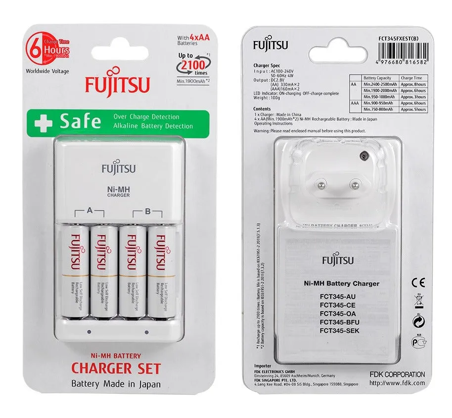 Fujitsu FCT345FXEST Ni-MH Standard Charger for AA and AAA Batteries and LED Status Indicator with 4pcs Rechargeable 1900mAh Double AA Batteries