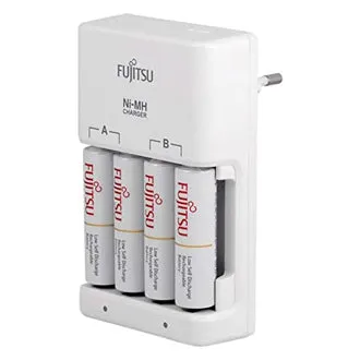 Fujitsu FCT345FXEST Ni-MH Standard Charger for AA and AAA Batteries and LED Status Indicator with 4pcs Rechargeable 1900mAh Double AA Batteries