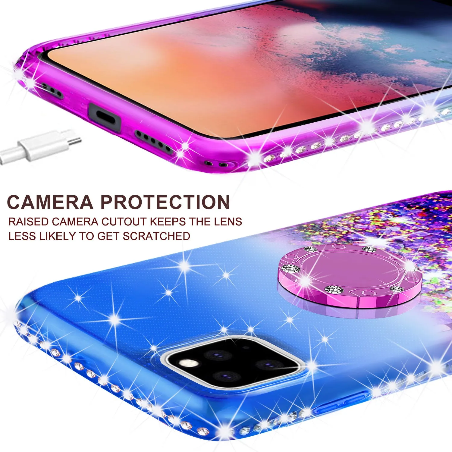 Glitter Phone Case Kickstand Compatible for Apple iPhone 11 Case, iPhone 11 Case,Ring Stand Liquid Floating Quicksand Bling Sparkle Protective Girls Women for Apple iPhone 11 W/Temper Glass - (Blue/Purple Gradient)