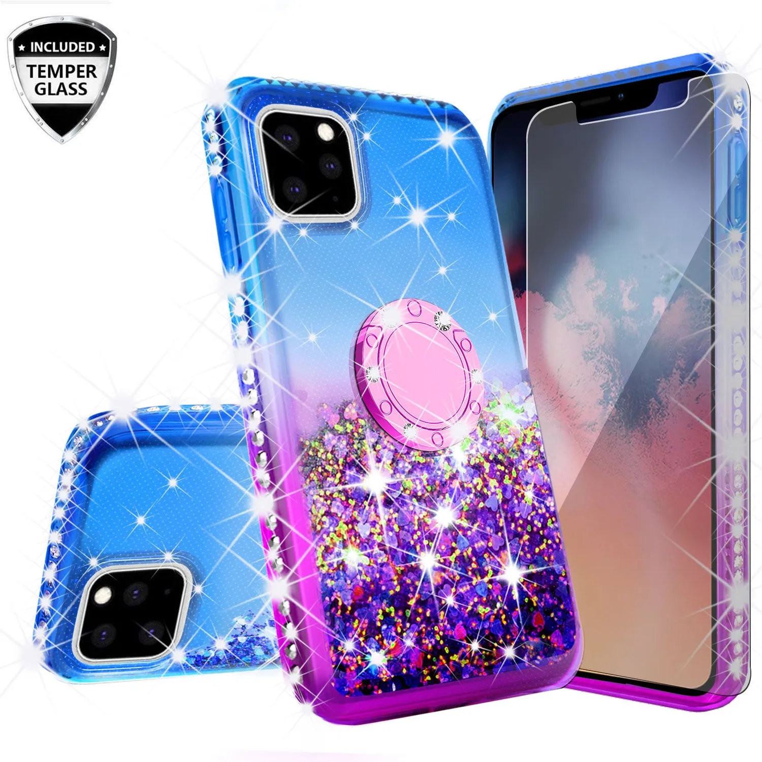 Glitter Phone Case Kickstand Compatible for Apple iPhone 11 Case, iPhone 11 Case,Ring Stand Liquid Floating Quicksand Bling Sparkle Protective Girls Women for Apple iPhone 11 W/Temper Glass - (Blue/Purple Gradient)