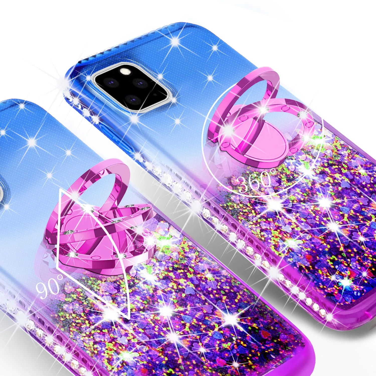 Glitter Phone Case Kickstand Compatible for Apple iPhone 11 Case, iPhone 11 Case,Ring Stand Liquid Floating Quicksand Bling Sparkle Protective Girls Women for Apple iPhone 11 W/Temper Glass - (Blue/Purple Gradient)