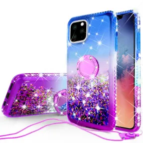 Glitter Phone Case Kickstand Compatible for Apple iPhone 11 Case, iPhone 11 Case,Ring Stand Liquid Floating Quicksand Bling Sparkle Protective Girls Women for Apple iPhone 11 W/Temper Glass - (Blue/Purple Gradient)