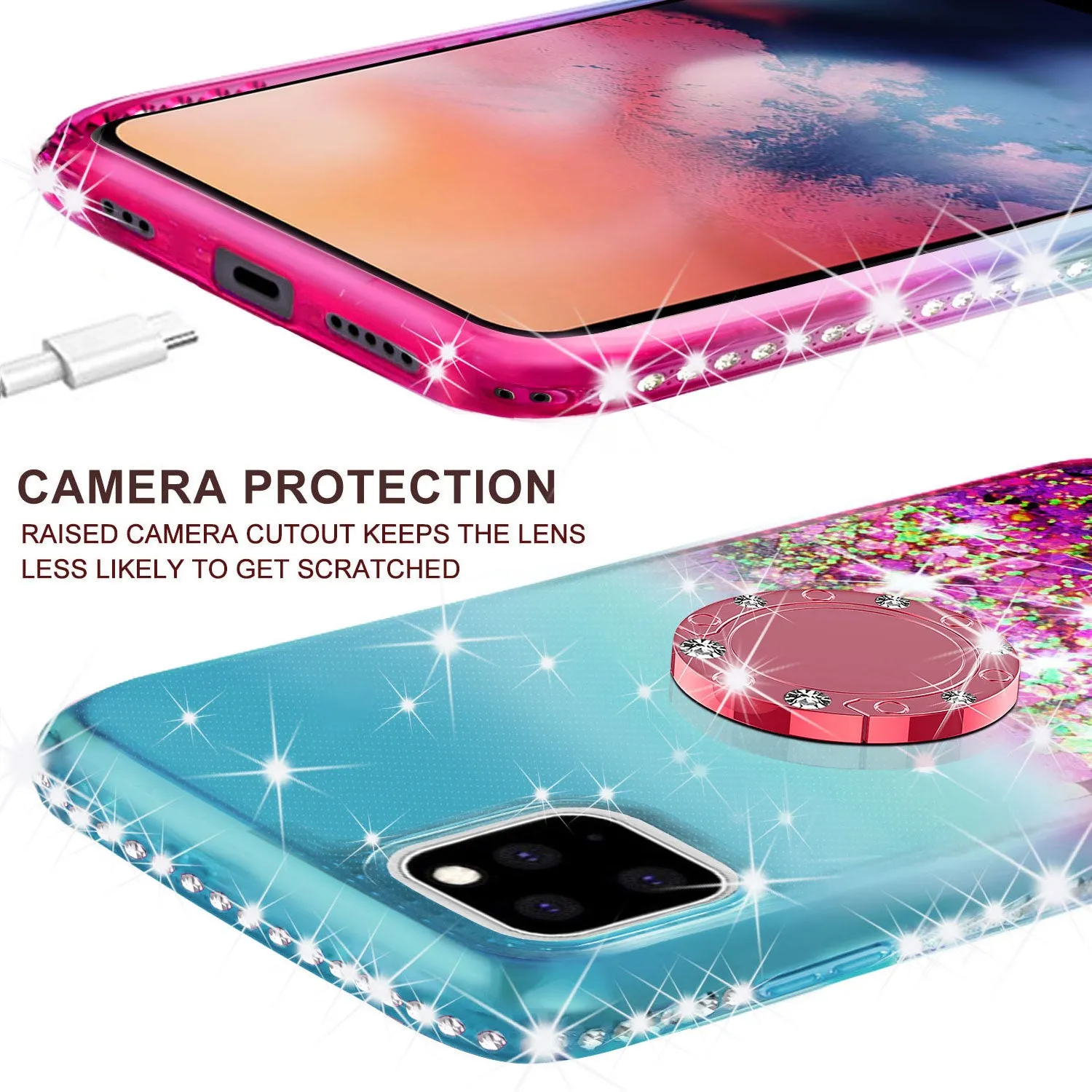 Glitter Phone Case Kickstand Compatible for Apple iPhone 12 Case, iPhone 12 Case,Ring Stand Liquid Floating Quicksand Bling Sparkle Protective Girls Women for Apple iPhone 12 W/Temper Glass - (Teal/Pink Gradient)