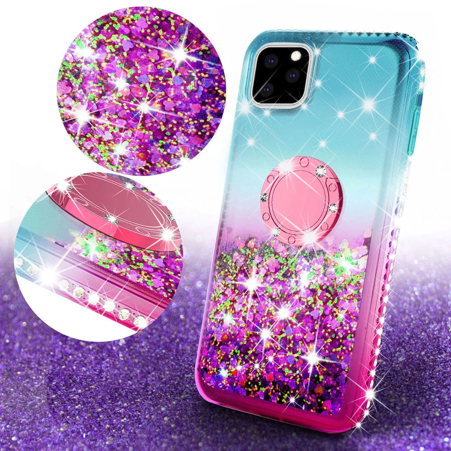 Glitter Phone Case Kickstand Compatible for Apple iPhone 12 Case, iPhone 12 Case,Ring Stand Liquid Floating Quicksand Bling Sparkle Protective Girls Women for Apple iPhone 12 W/Temper Glass - (Teal/Pink Gradient)