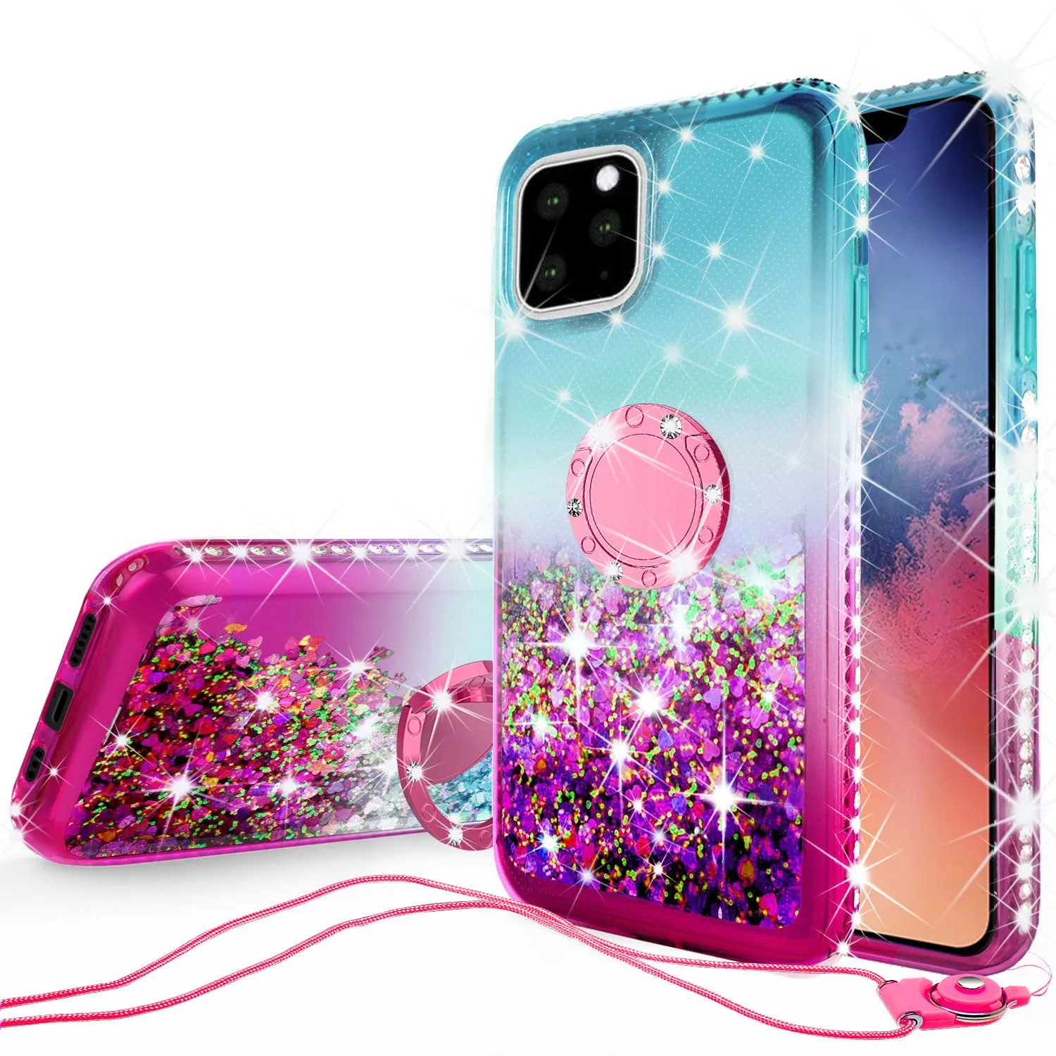 Glitter Phone Case Kickstand Compatible for Apple iPhone 12 Case, iPhone 12 Case,Ring Stand Liquid Floating Quicksand Bling Sparkle Protective Girls Women for Apple iPhone 12 W/Temper Glass - (Teal/Pink Gradient)