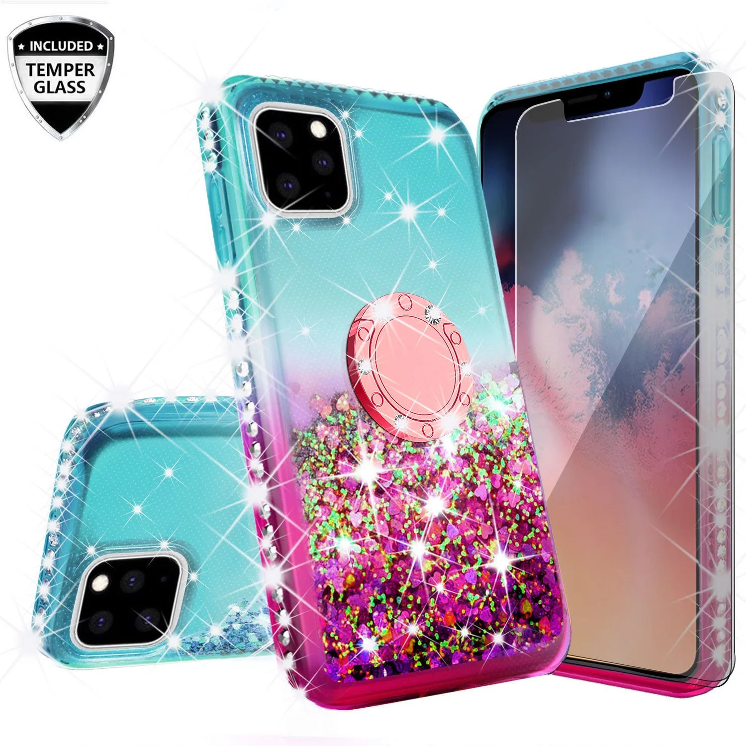 Glitter Phone Case Kickstand Compatible for Apple iPhone 12 Case, iPhone 12 Case,Ring Stand Liquid Floating Quicksand Bling Sparkle Protective Girls Women for Apple iPhone 12 W/Temper Glass - (Teal/Pink Gradient)