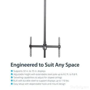 High Ceiling TV Mount - 8.2 to 9.8ft Long Pole - TV Ceiling Mount - Full Motion TV Mount - Heavy Duty Steel - For VESA Mount TVs 32 to 70in (up to 110lb/50 kg) - Ceiling Mount