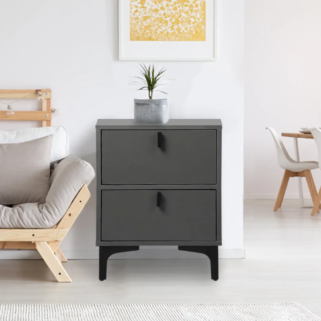 Lethbridge Wooden Steel Frame Bedside Tables Side Table Bedroom Nightstand Storage Cabinet with 2 Drawers - Grey