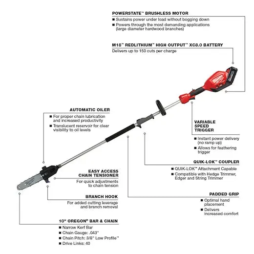 Milwaukee 2825-21PS M18 FUEL™ 10" Pole Saw Kit w/ QUIK-LOK™ Attachment Capability