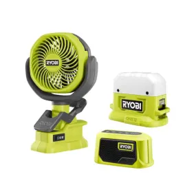 ONE  18-Volt Cordless 3-Tool Campers Kit with Area Light, Bluetooth Speaker, and 4 in. Clamp Fan (Tools Only)