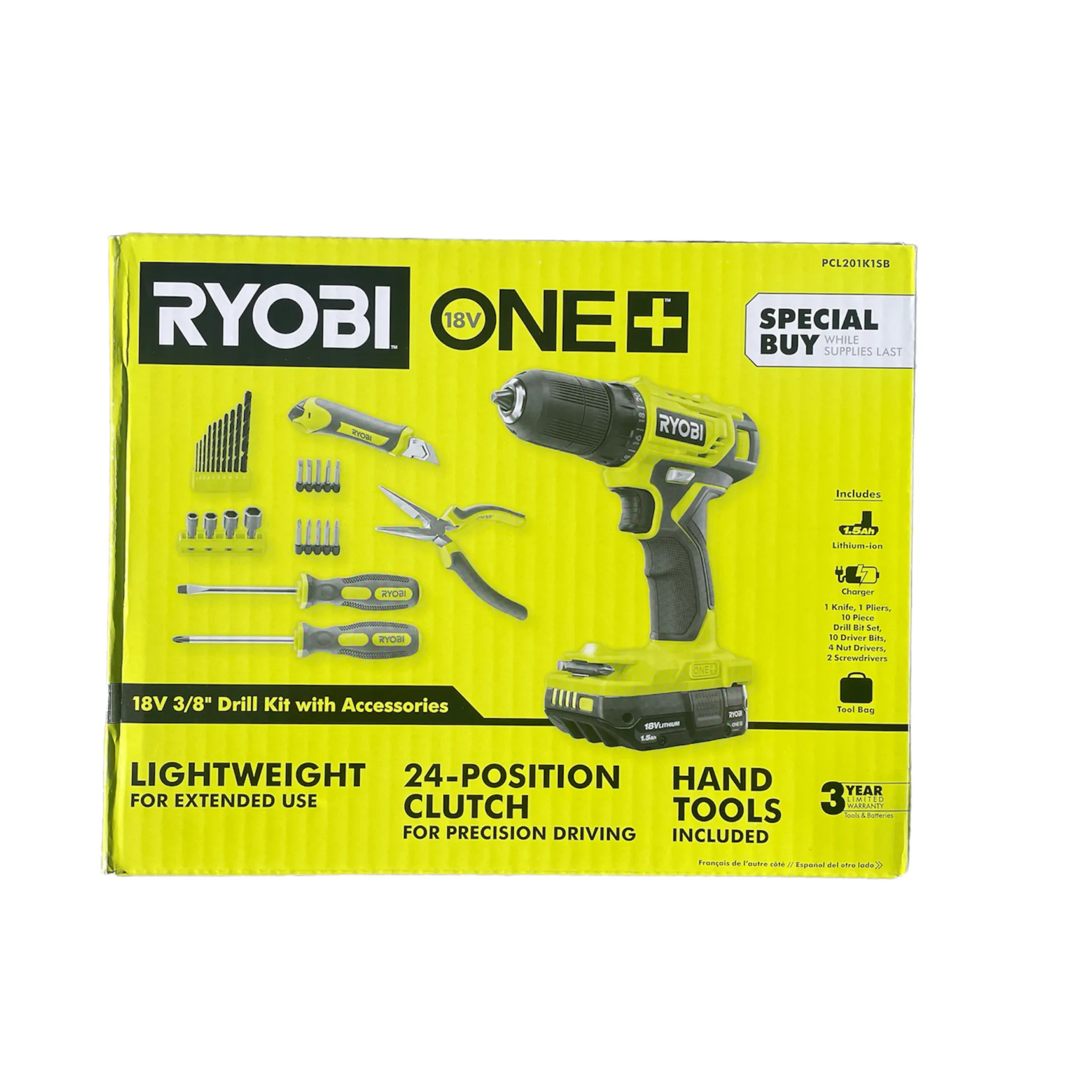 ONE  18-Volt Cordless 3/8 in. Drill/Driver Kit with 1.5 Ah Battery, Charger, Hand Tools, Accessories, and Tool Bag