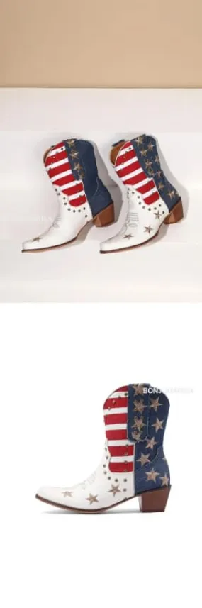 Stars and Stripes Western Ankle Boots for Women with Pointed Toe