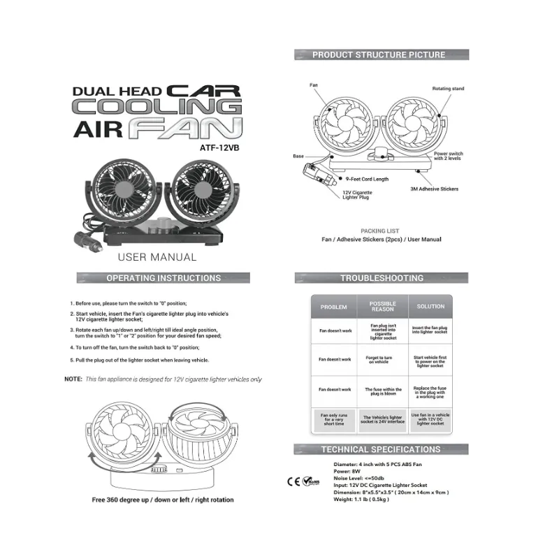 Strong Wind Double-Headed Vehicle Fan With Pure Copper Motor Ai-25