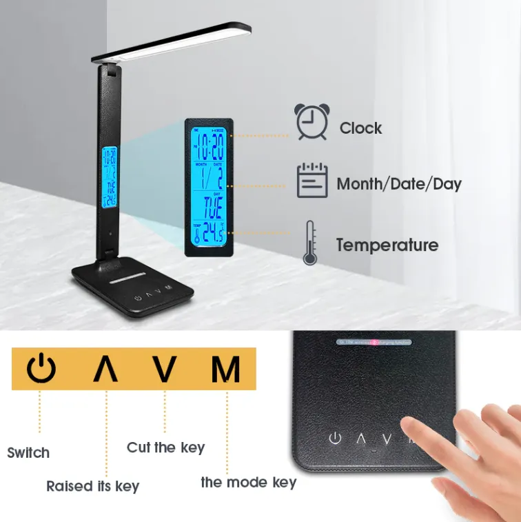 Table Lamp With Wireless Charger 10W With Calendar Temperature Alarm Clock Charging Lamp