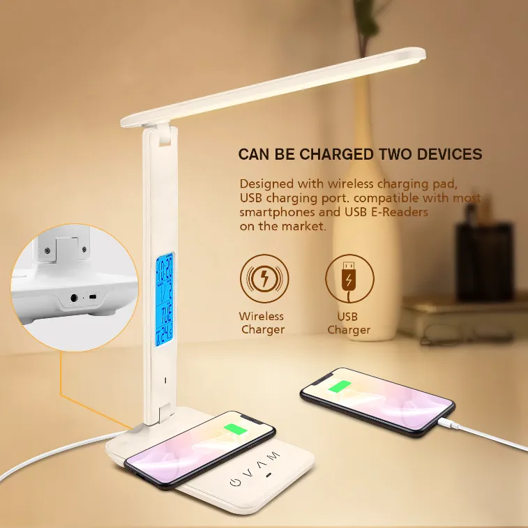 Table Lamp With Wireless Charger 10W With Calendar Temperature Alarm Clock Charging Lamp