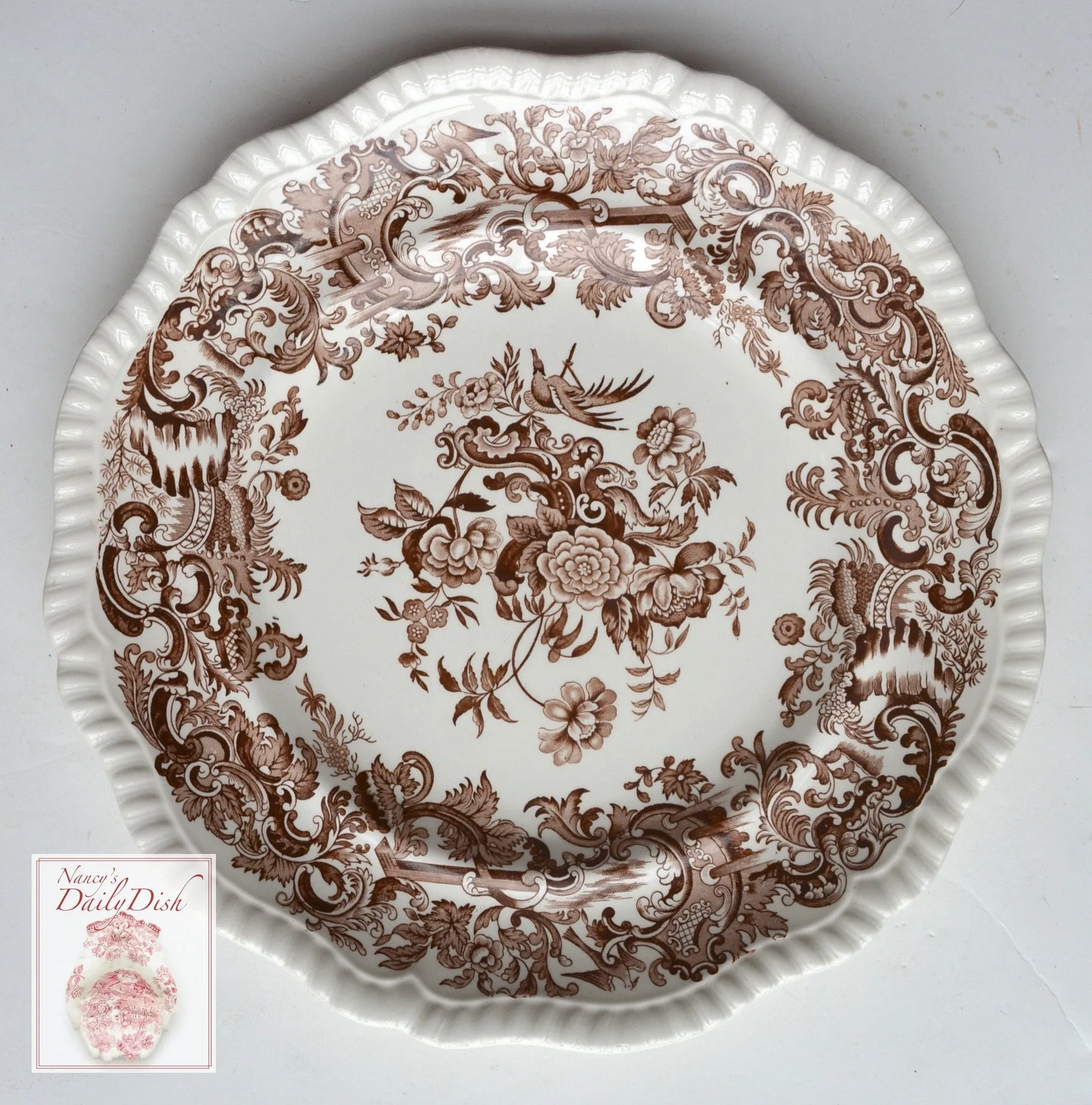 Vintage Copeland Spode  Brown Transferware Victorian Pheasants Birds & Roses Plate