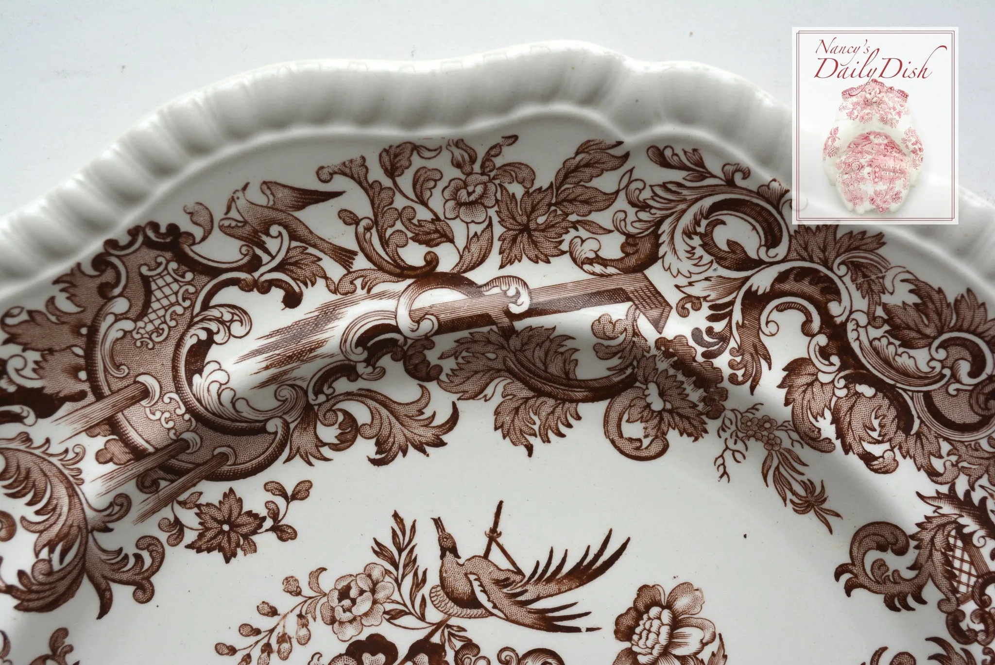 Vintage Copeland Spode  Brown Transferware Victorian Pheasants Birds & Roses Plate