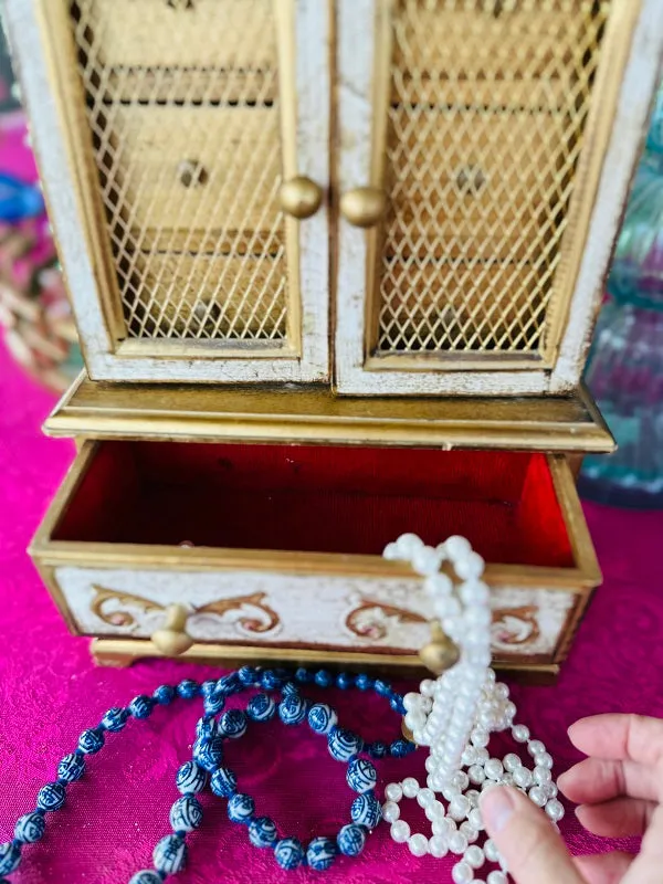 Vintage Florentine Jewelry Box, Gold and White, Wooden