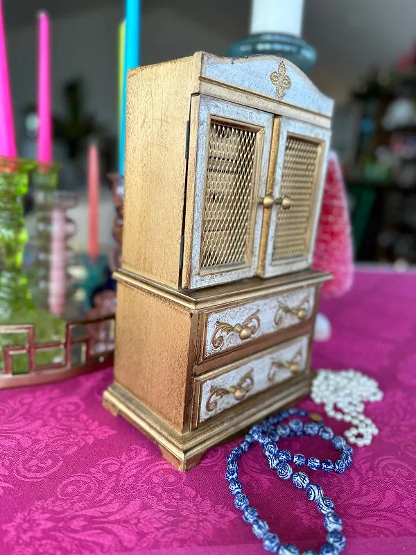 Vintage Florentine Jewelry Box, Gold and White, Wooden