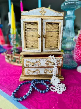 Vintage Florentine Jewelry Box, Gold and White, Wooden