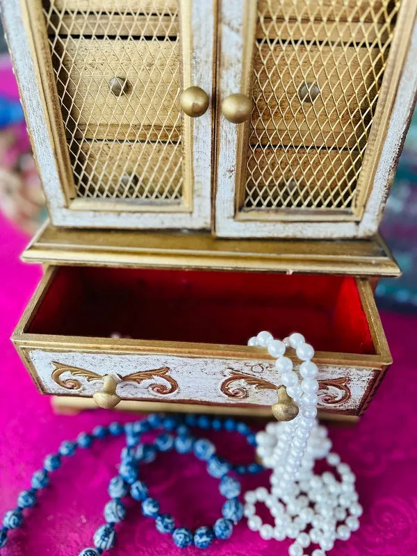 Vintage Florentine Jewelry Box, Gold and White, Wooden