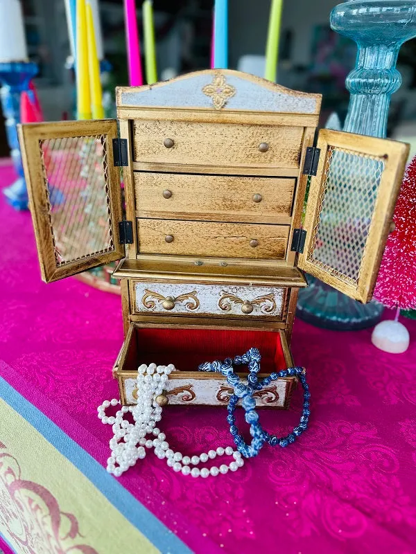 Vintage Florentine Jewelry Box, Gold and White, Wooden