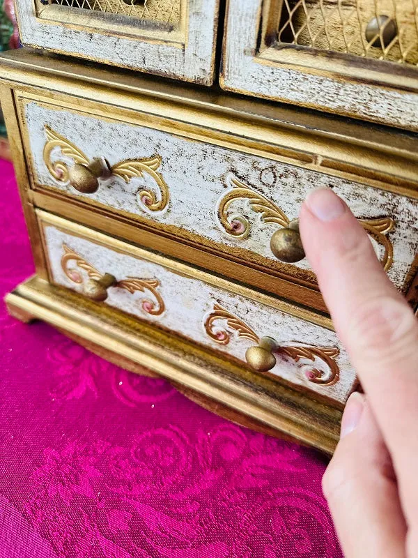 Vintage Florentine Jewelry Box, Gold and White, Wooden