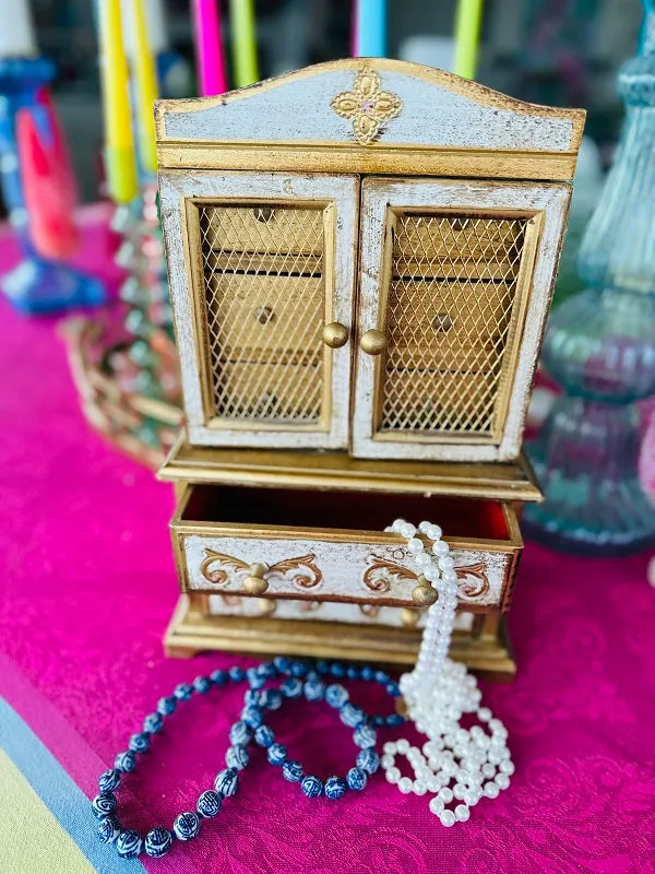 Vintage Florentine Jewelry Box, Gold and White, Wooden