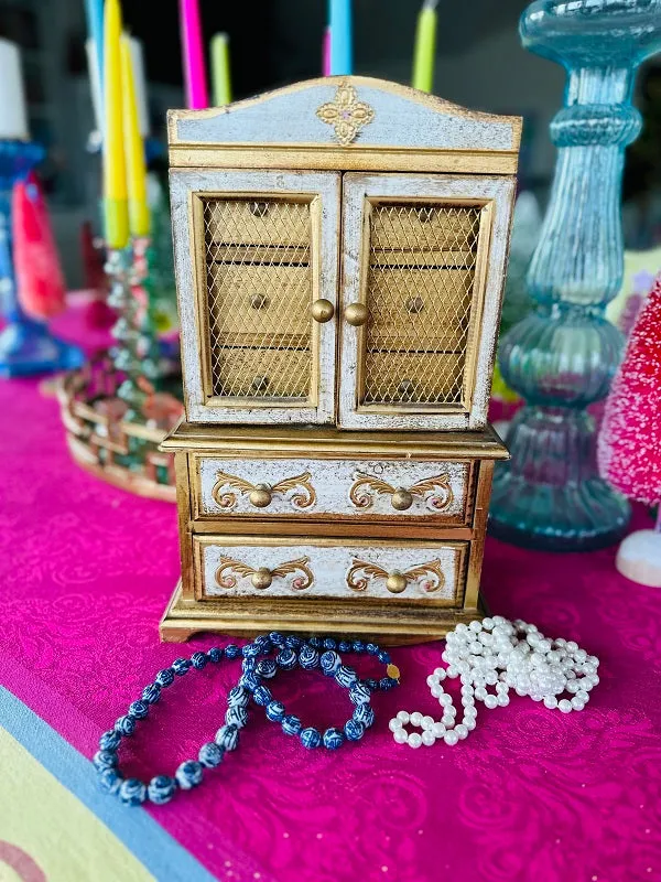 Vintage Florentine Jewelry Box, Gold and White, Wooden