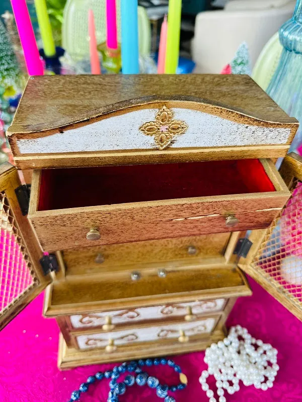 Vintage Florentine Jewelry Box, Gold and White, Wooden