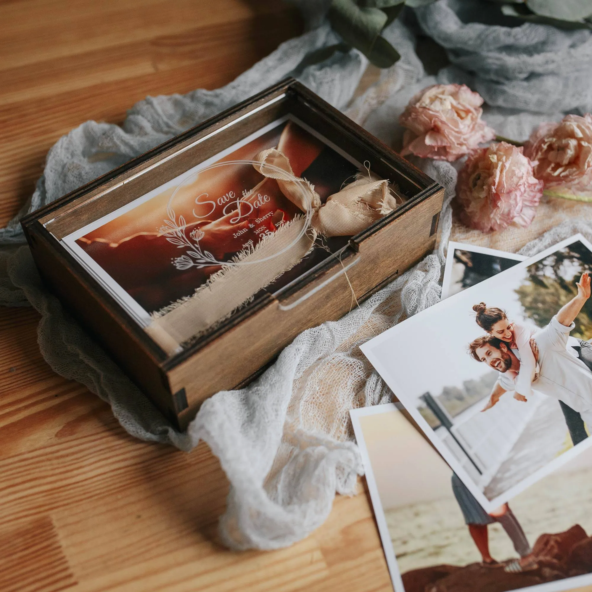 Wooden Photo Box with Personalize Acrylic Lid for Photos